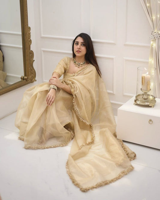 Beige Gold Fendy Silk With Far Border Saree