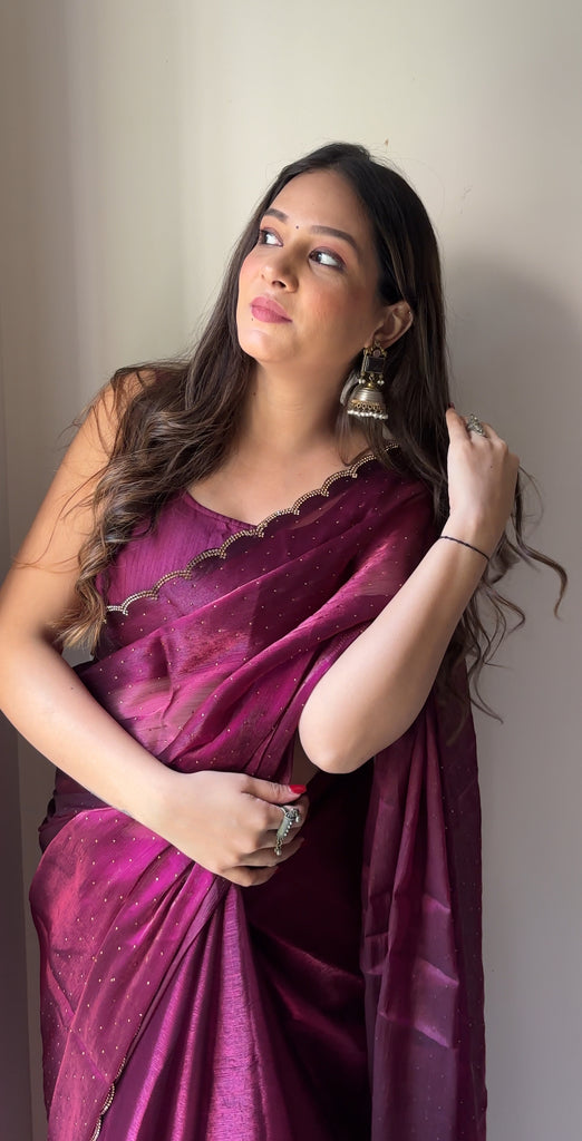 Premium Jimichu Burburry Saree with Zarcan Stone And Cut Work Border