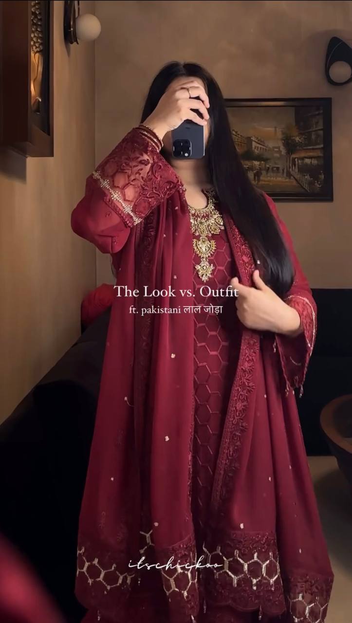 Fantastic Maroon Color Faux Georgette With Pal Diamond Hand Work Salwar Suit