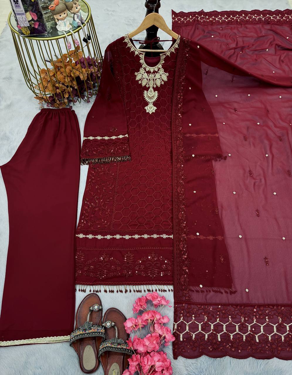 Fantastic Maroon Color Faux Georgette With Pal Diamond Hand Work Salwar Suit