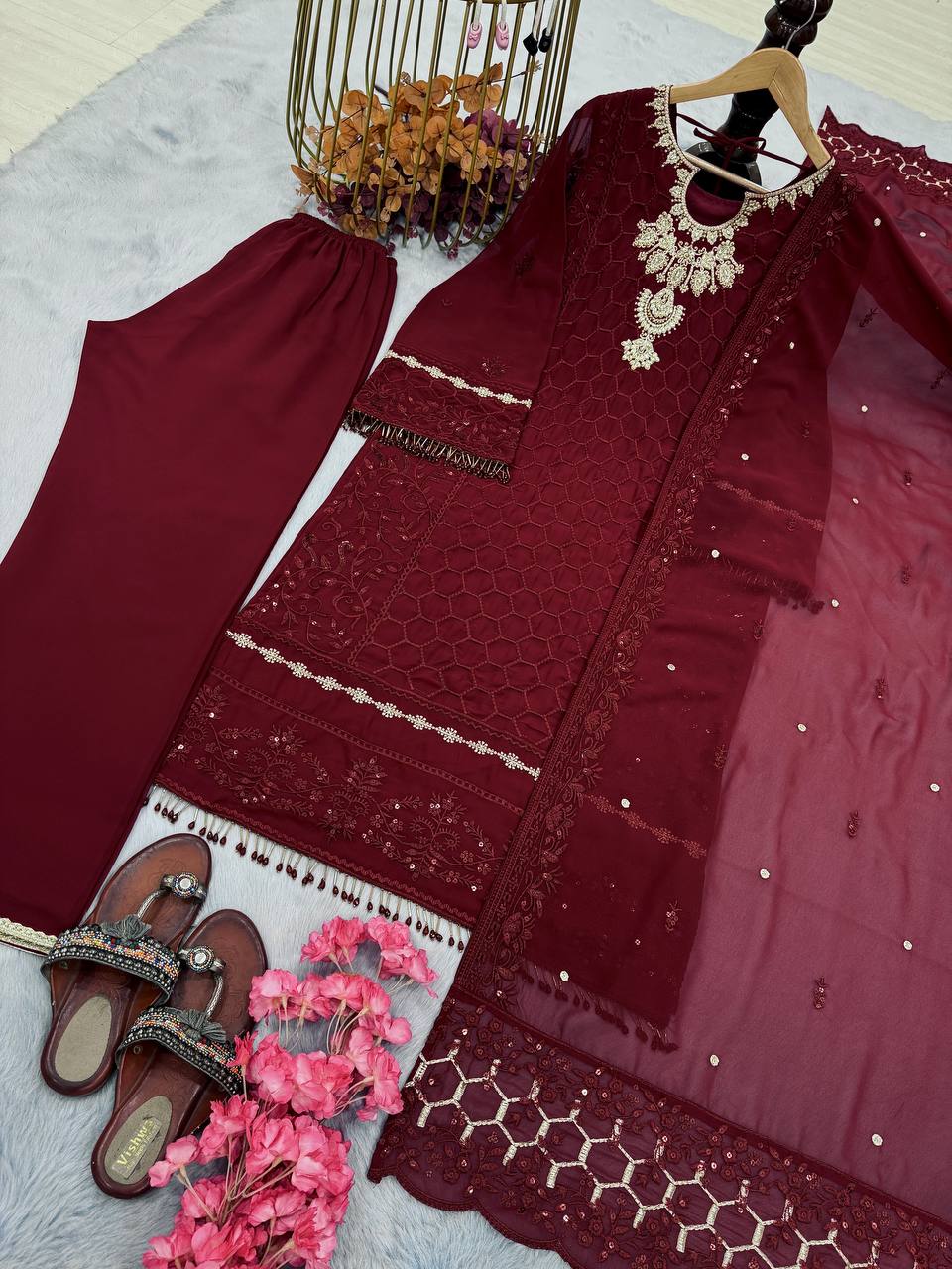 Fantastic Maroon Color Faux Georgette With Pal Diamond Hand Work Salwar Suit