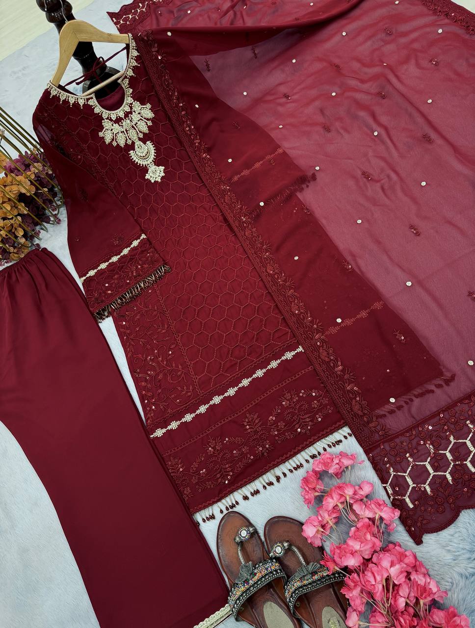 Fantastic Maroon Color Faux Georgette With Pal Diamond Hand Work Salwar Suit