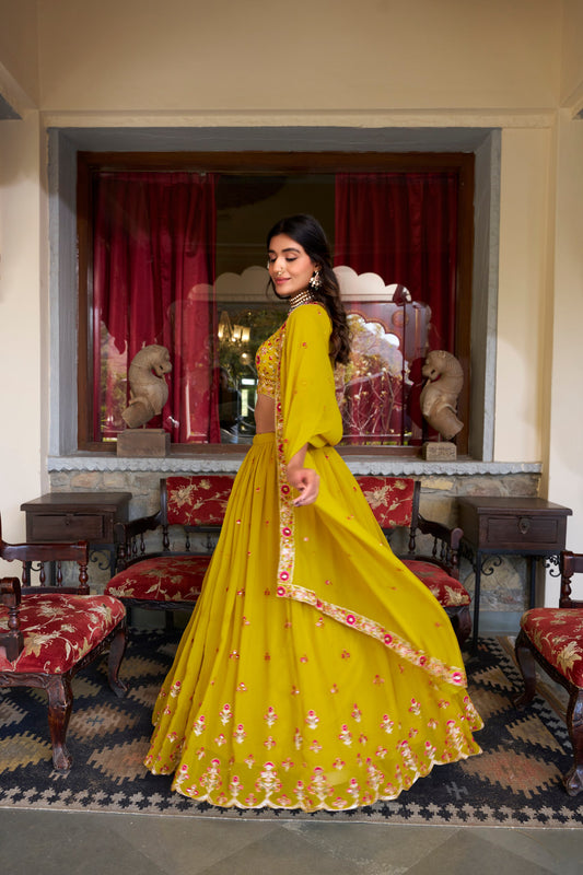 Beautiful Mustard Golden Thread Embroidered Georgette Haldi Wear Lehenga Choli