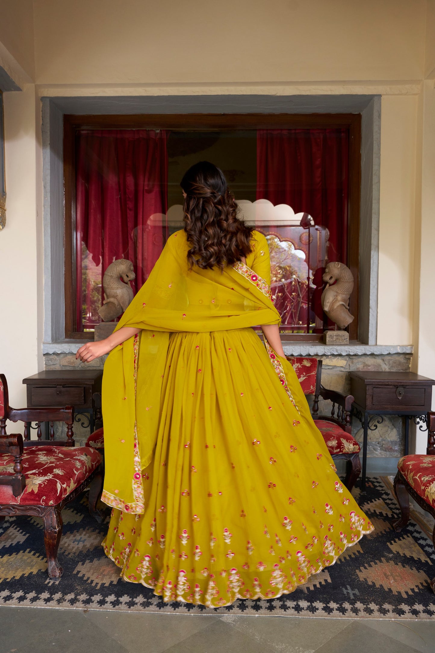 Beautiful Mustard Golden Thread Embroidered Georgette Haldi Wear Lehenga Choli
