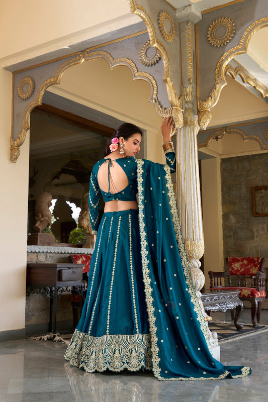 Embroidered Vichitra Silk Lehenga Set With Blouse & Dupatta