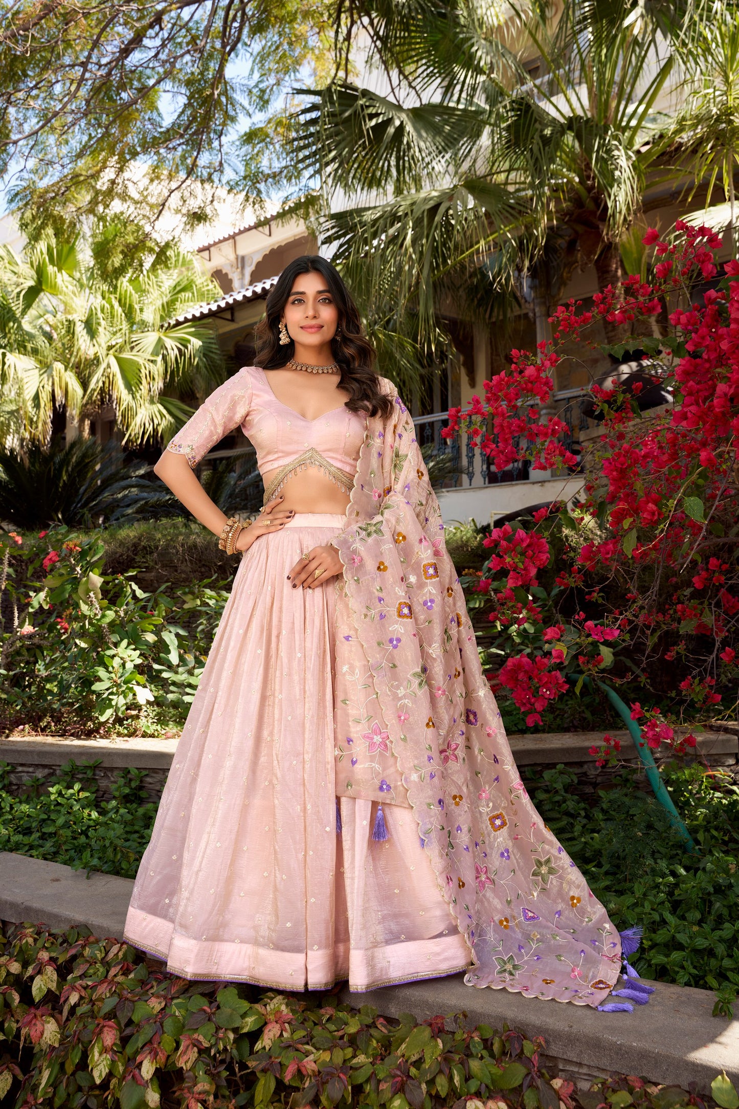 Light Pink Radiant Rose Gold Crush Lehenga Set – Elegance in Every Stitch