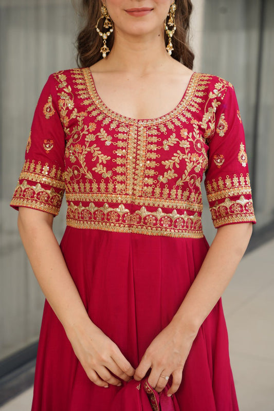 Pink & Purple Vichitra Silk With Sequins-Multi & Zari Embroidered Gown Set