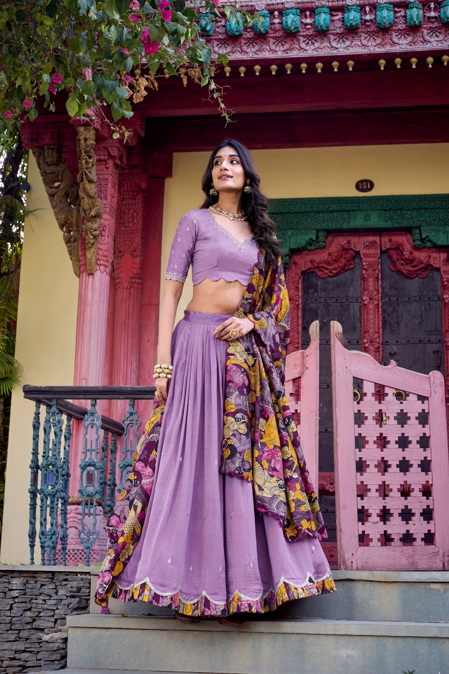 Vichitra Silk Sequins and Thread Embroidery Work With Kalamkari Print Border Lehenga Choli