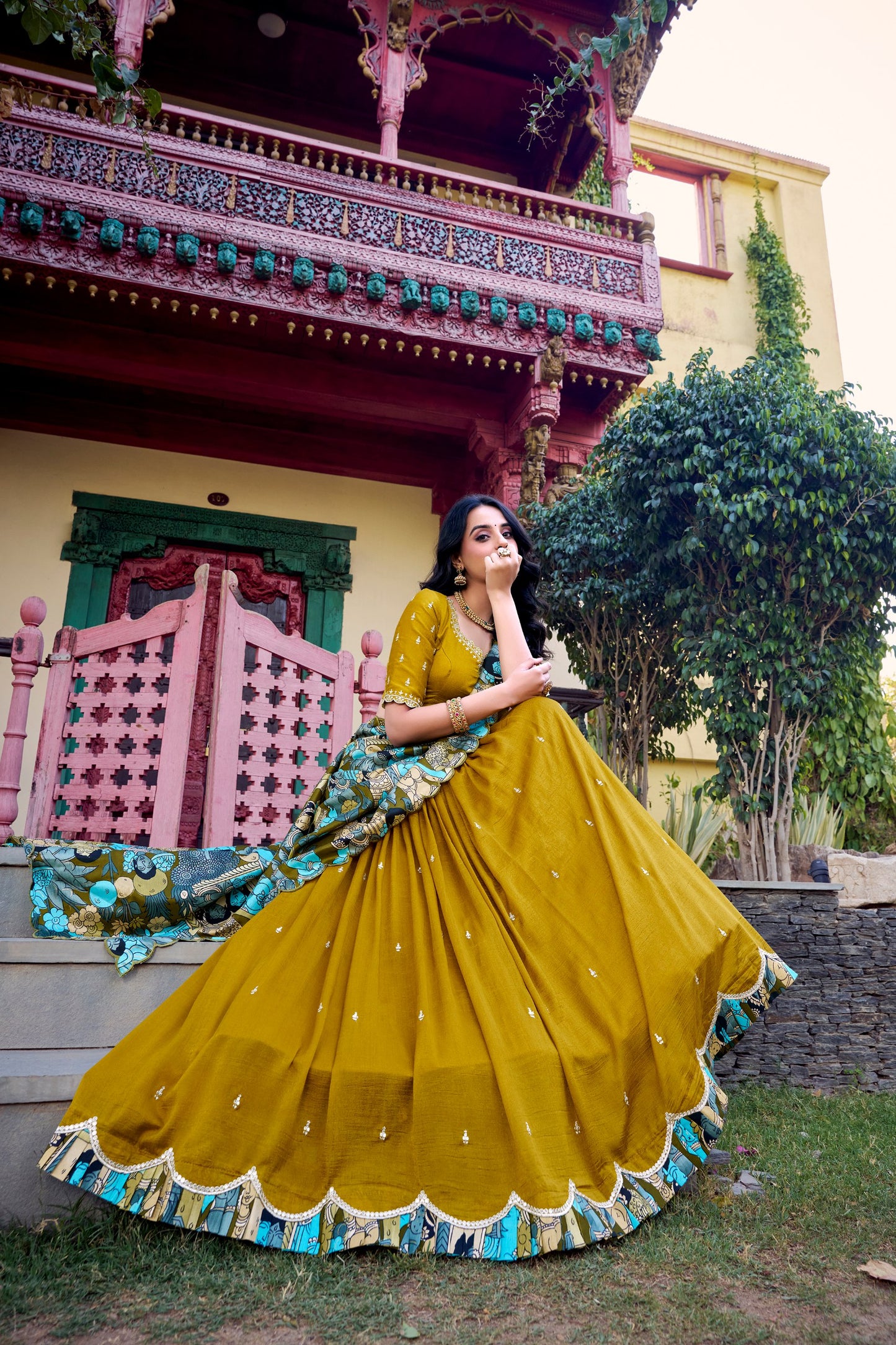 Vichitra Silk Sequins and Thread Embroidery Work With Kalamkari Print Border Lehenga Choli