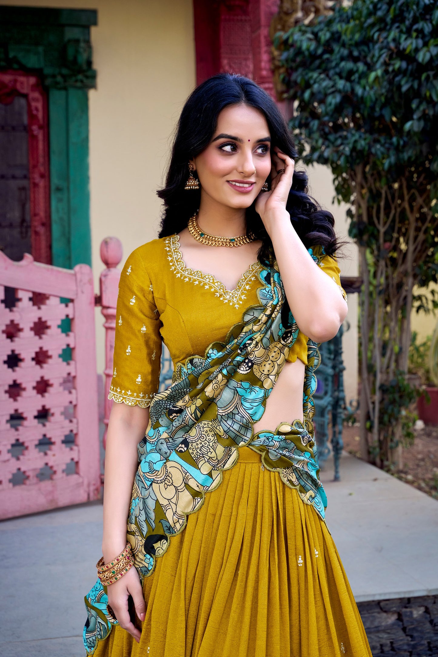 Vichitra Silk Sequins and Thread Embroidery Work With Kalamkari Print Border Lehenga Choli
