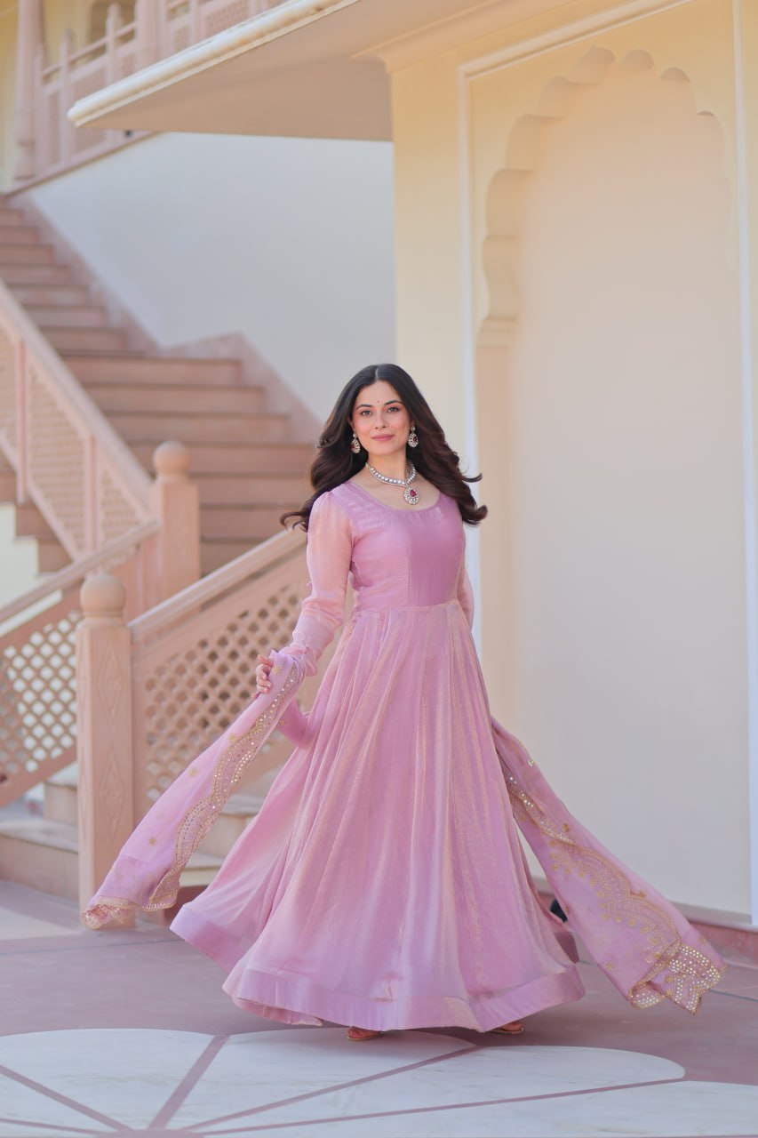 Onion & Peach Fendy Chiffon Embroidered Cut-Work