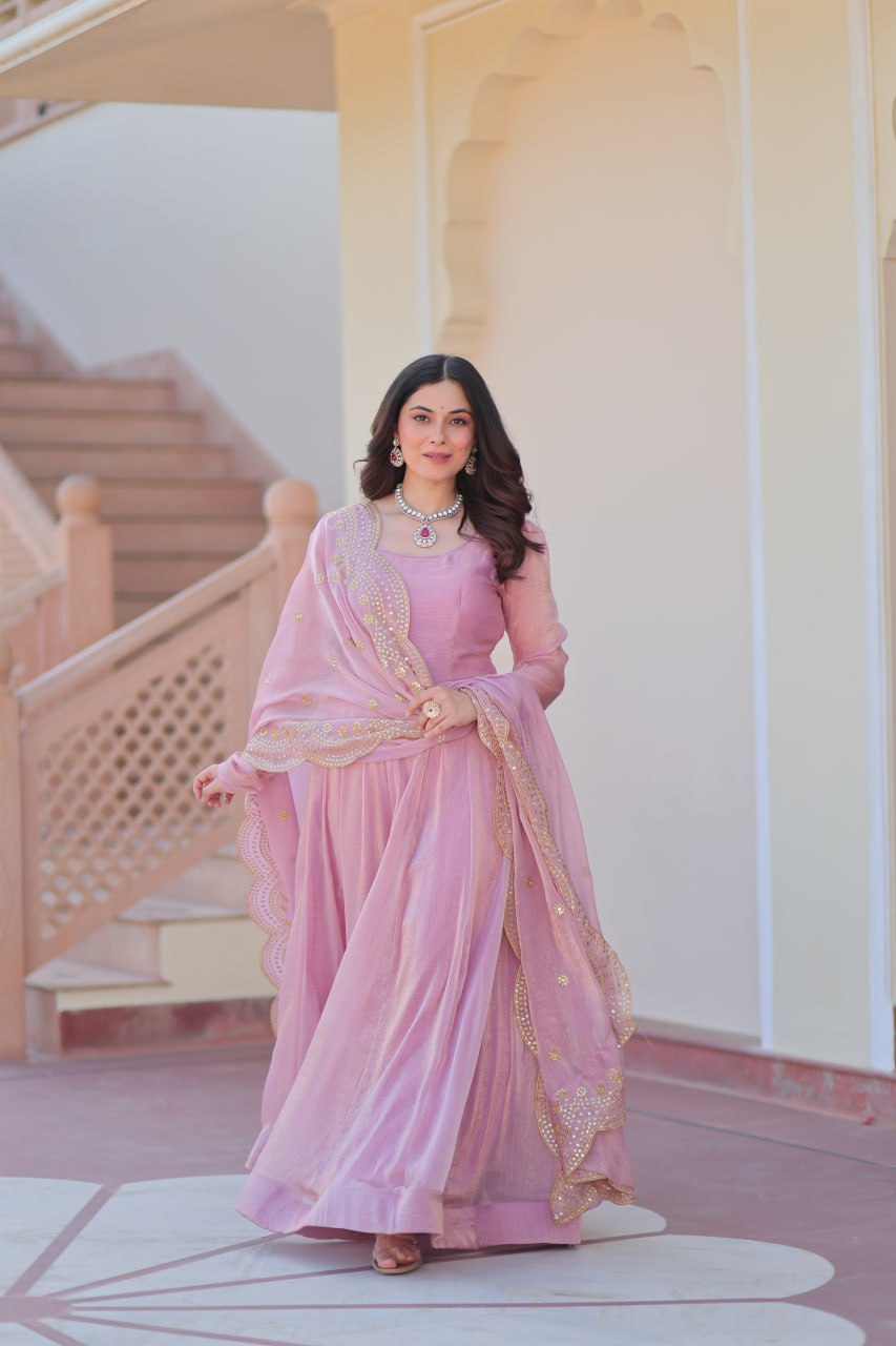 Onion & Peach Fendy Chiffon Embroidered Cut-Work