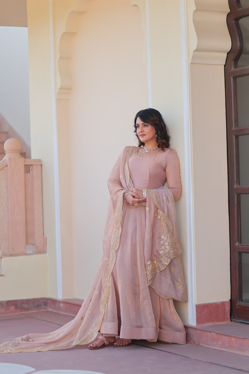 Onion & Peach Fendy Chiffon Embroidered Cut-Work