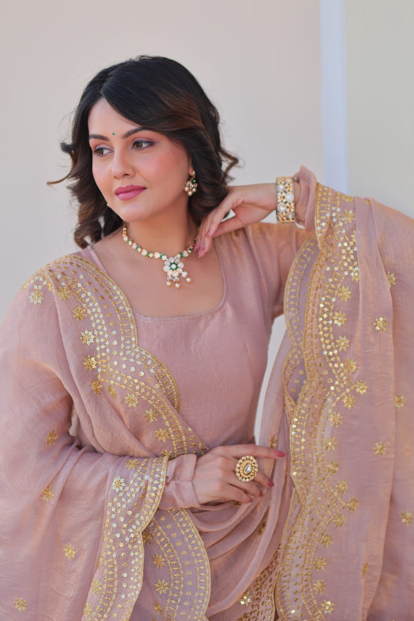 Onion & Peach Fendy Chiffon Embroidered Cut-Work