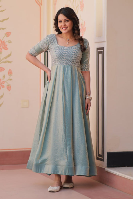 Pista & Skyblue Fendy With Beads Embroidered Work Gown
