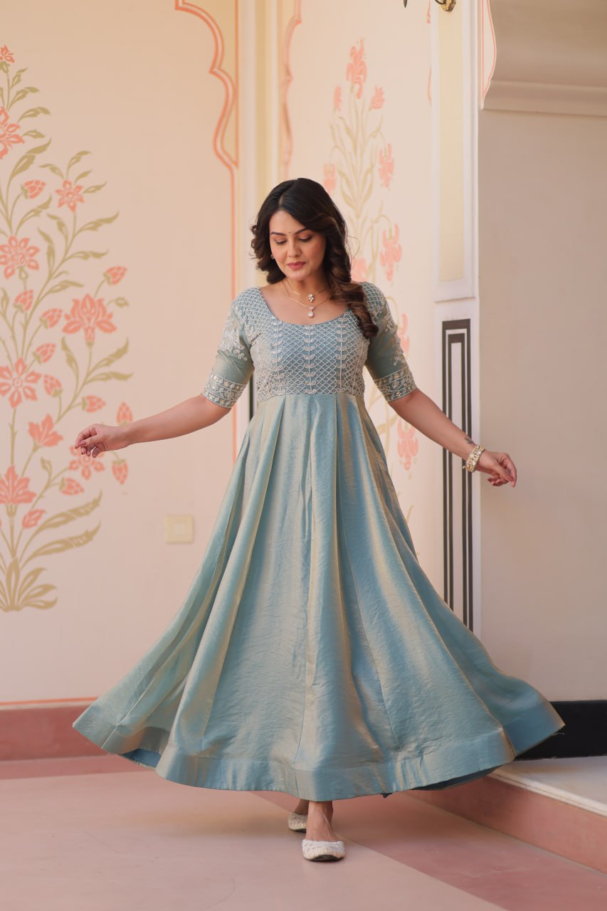 Pista & Skyblue Fendy With Beads Embroidered Work Gown