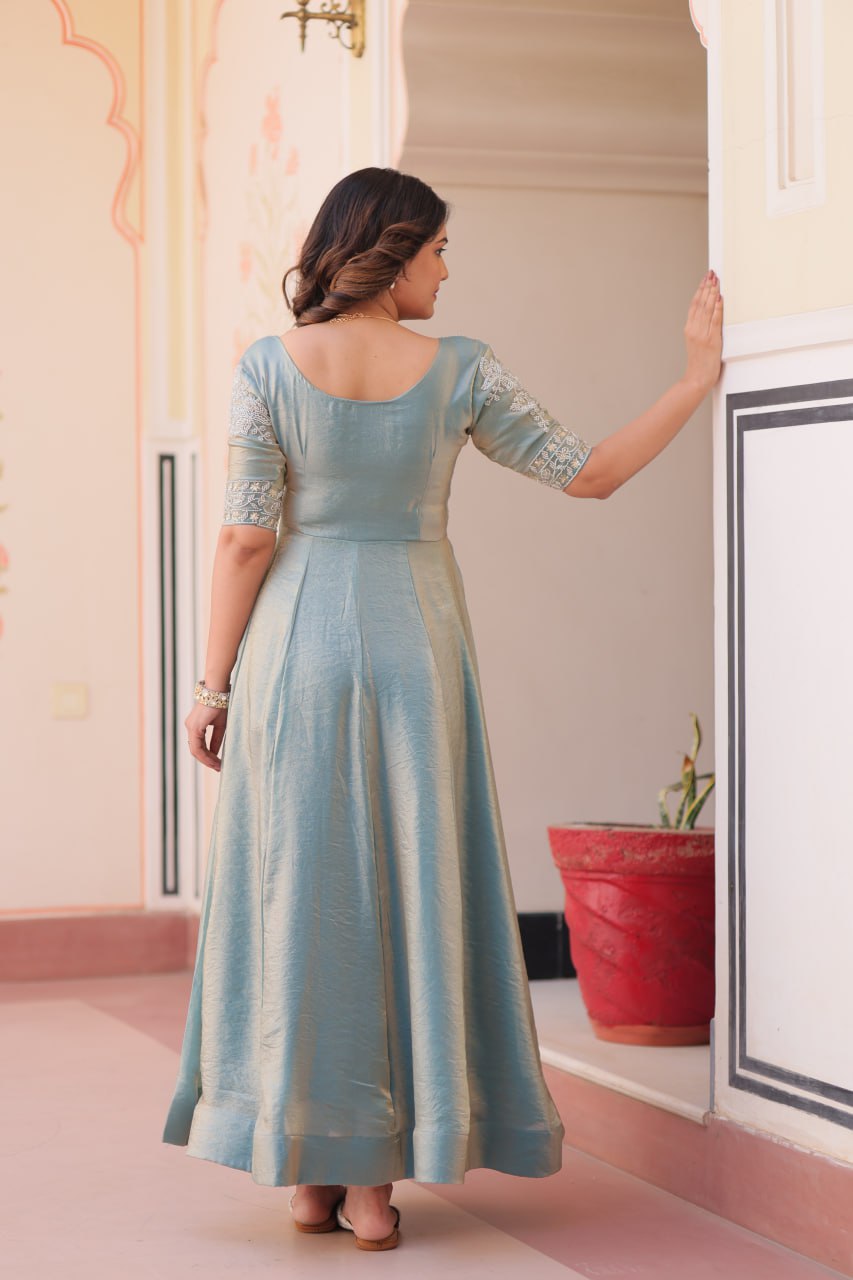 Pista & Skyblue Fendy With Beads Embroidered Work Gown