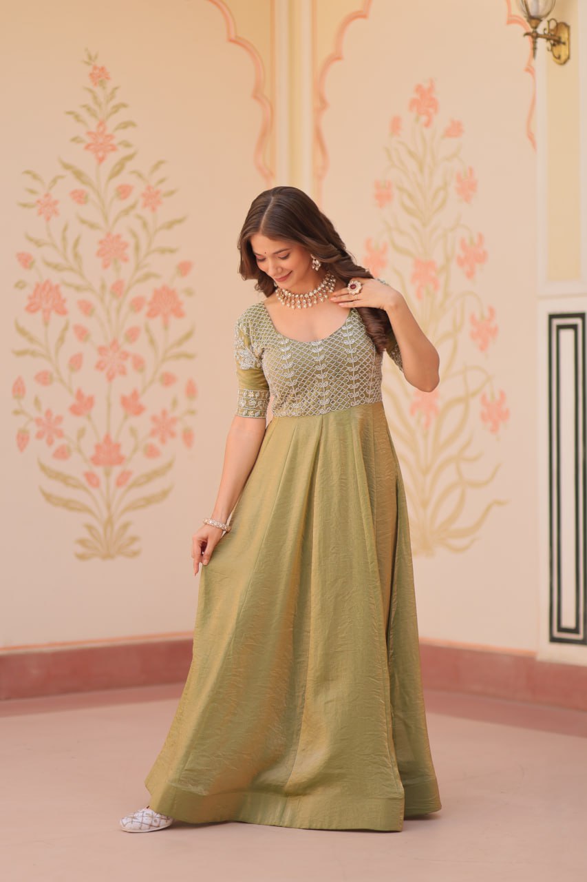 Pista & Skyblue Fendy With Beads Embroidered Work Gown