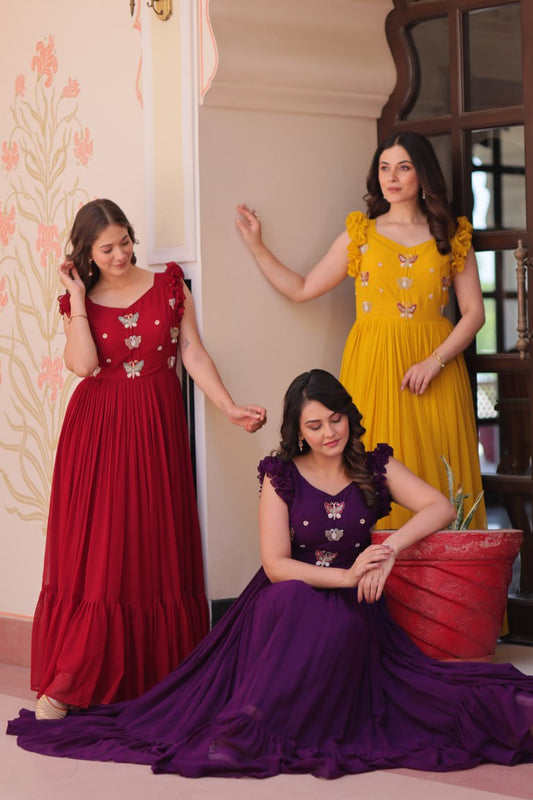 Maroon, Yellow & Purple Designer Partywear Gown