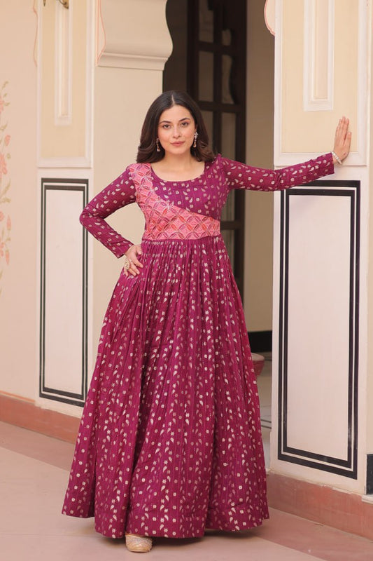 Wine & Rama Position Print Weaving Work Gown