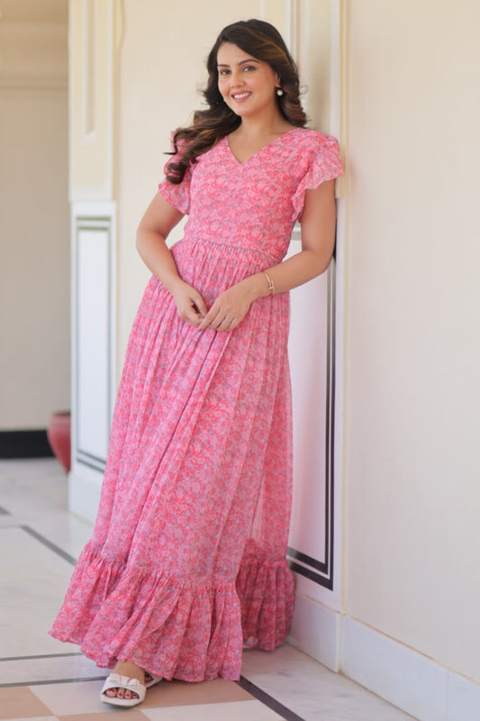 Pink Faux Georgette With Print Gown