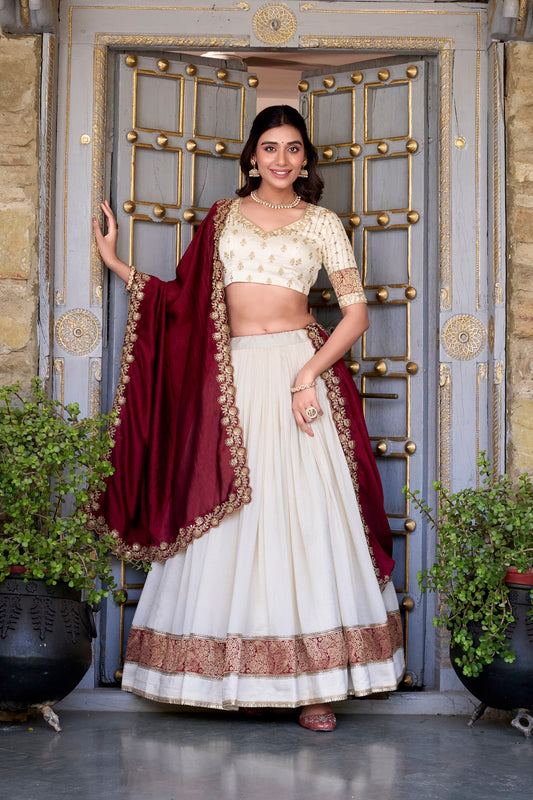 White & Maroon Lehenga Choli Set