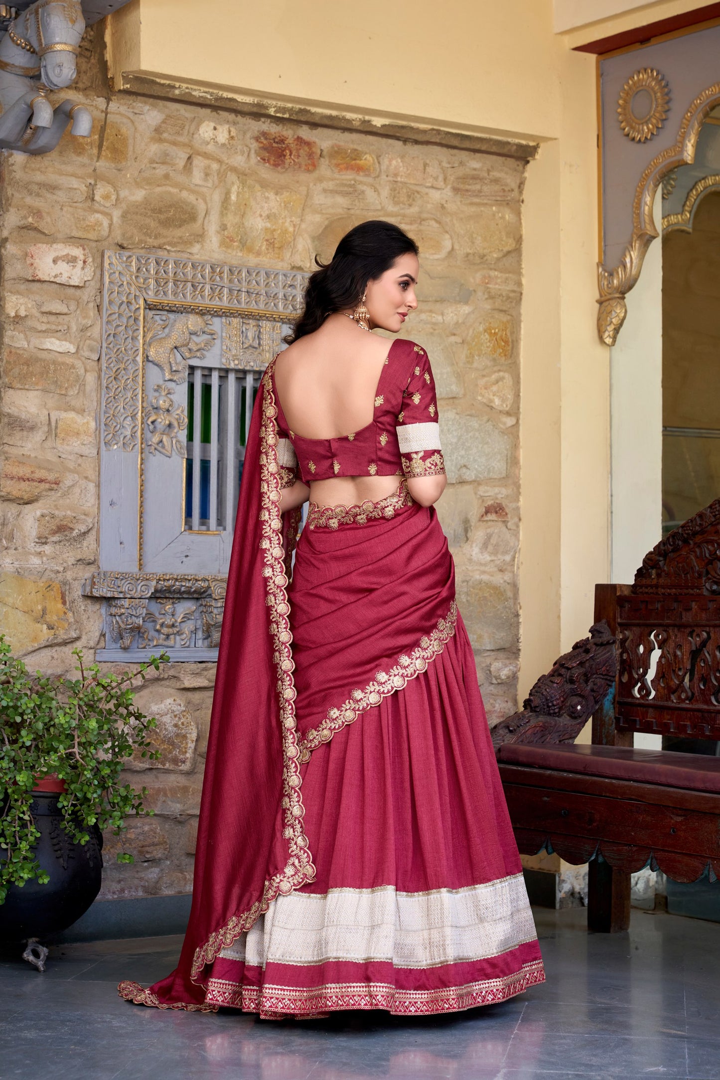 White & Maroon Lehenga Choli Set