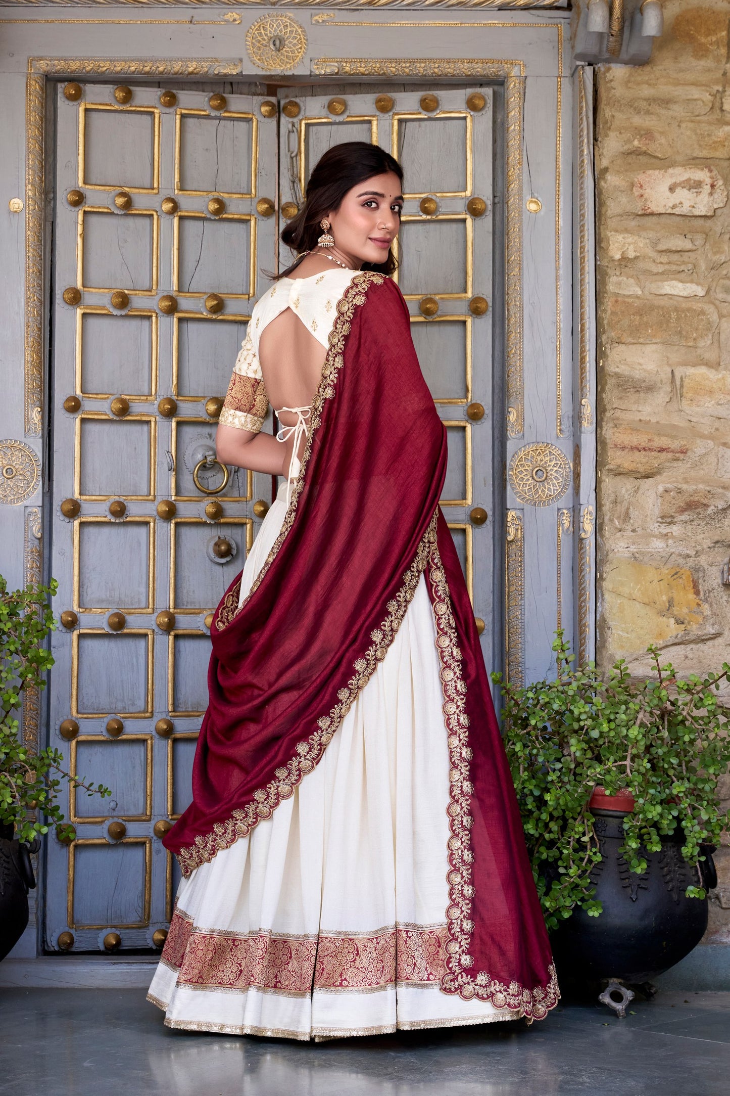White & Maroon Lehenga Choli Set