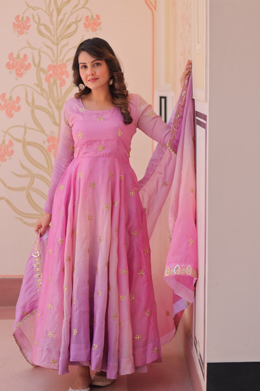 Pink & Sky Pedding Gold Organza With Sequins-Multi & Zari Embroidered Work Gown