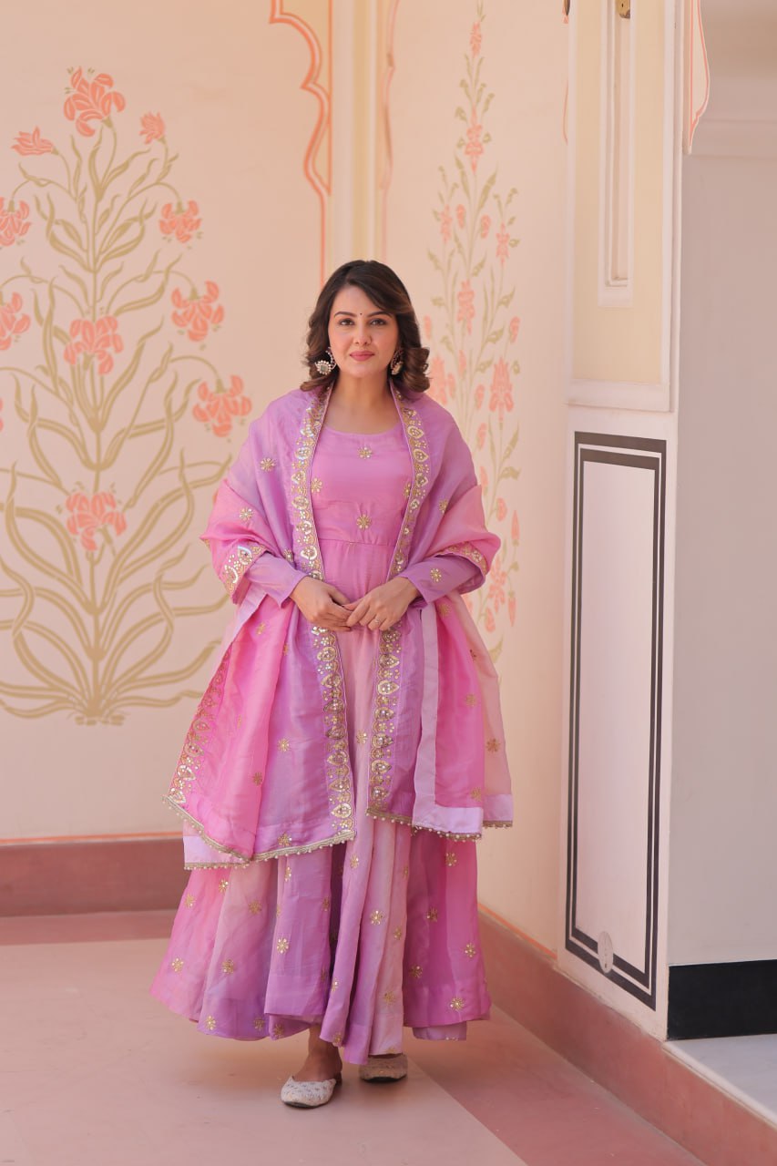 Pink & Sky Pedding Gold Organza With Sequins-Multi & Zari Embroidered Work Gown