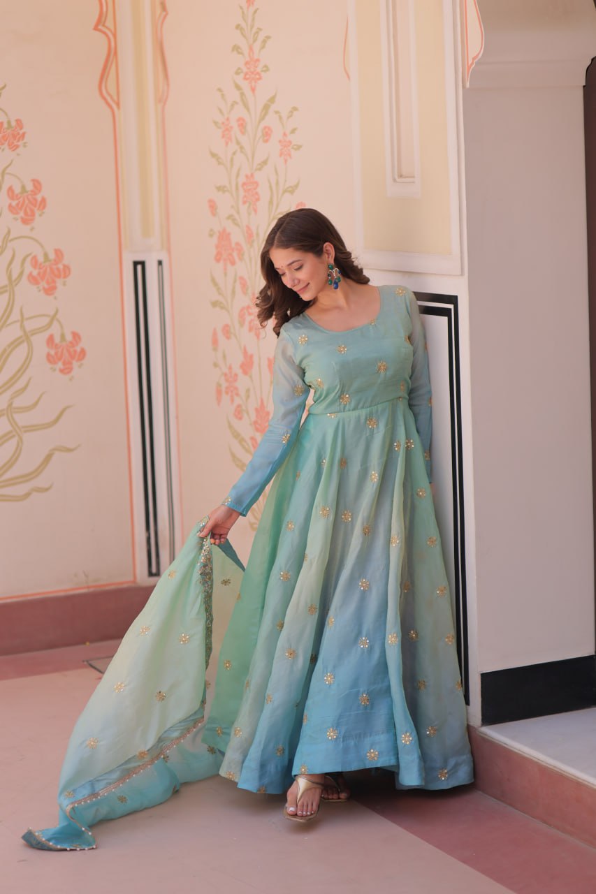 Pink & Sky Pedding Gold Organza With Sequins-Multi & Zari Embroidered Work Gown