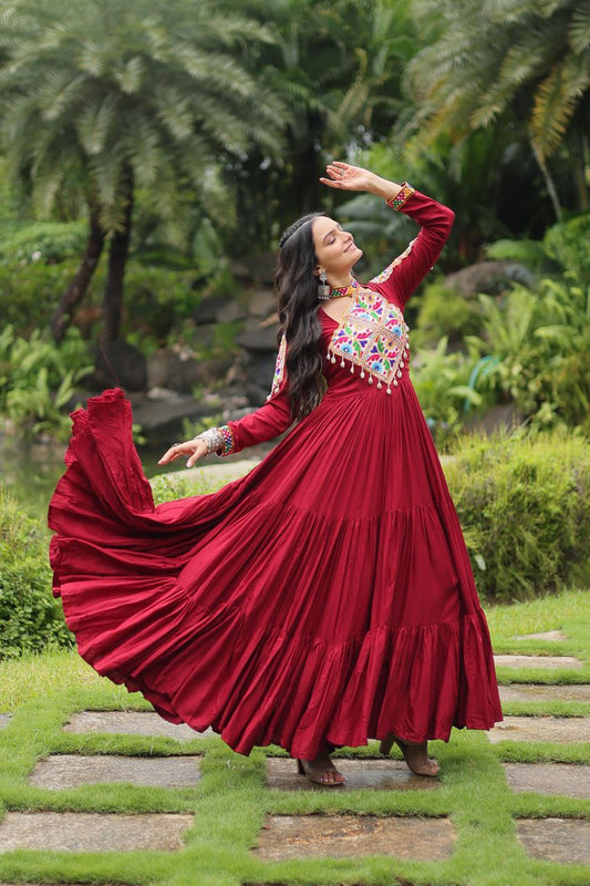 Maroon Kutchi Gamthi Work Gown