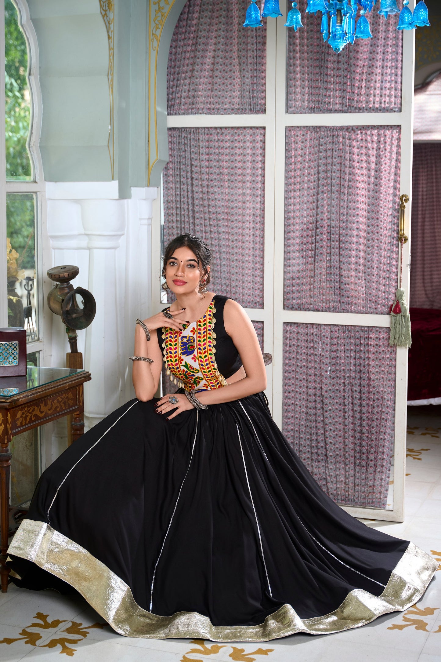 Wine, Pink, Black & Parrot Colored Lehenga Choli Set