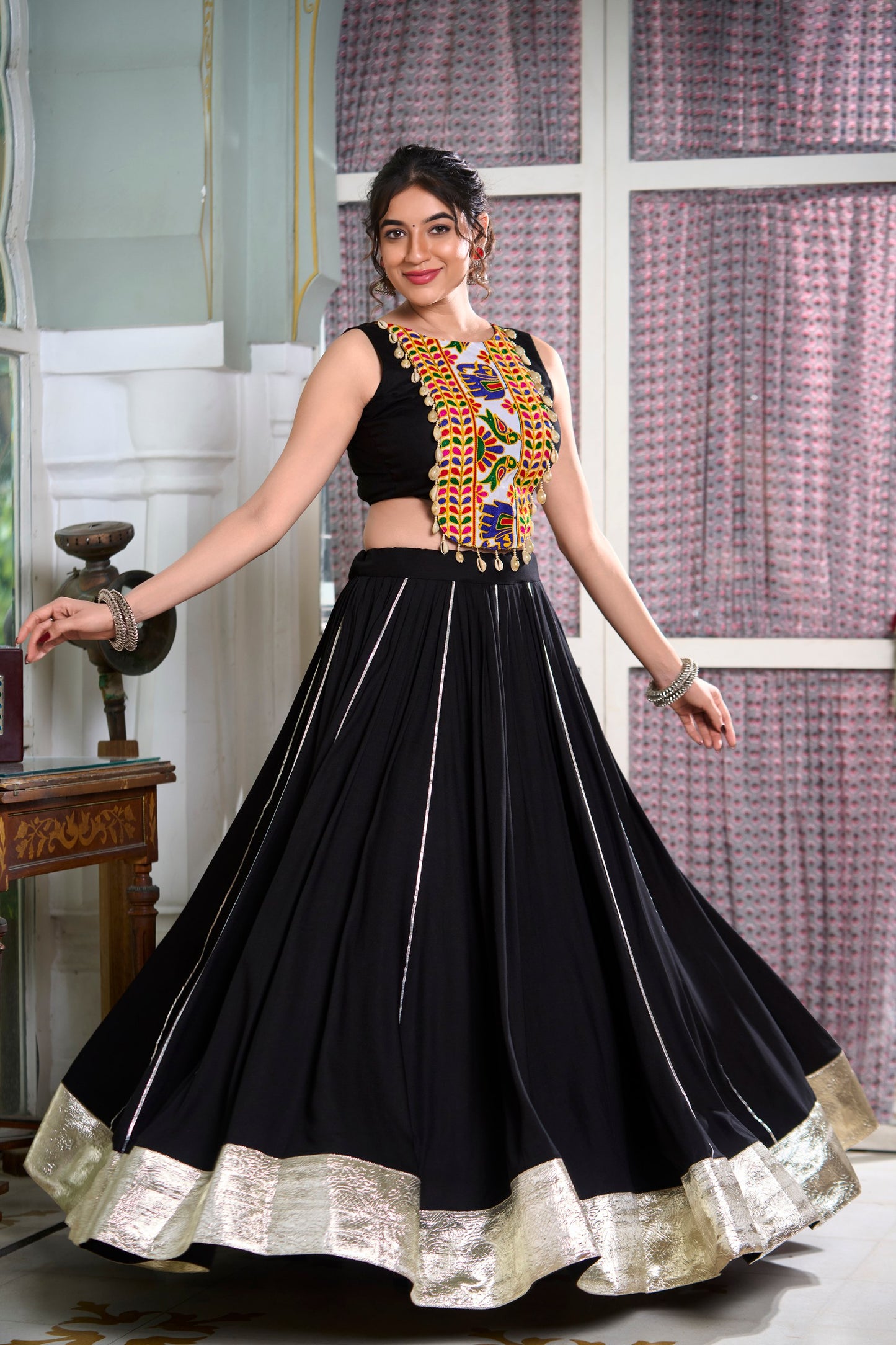 Wine, Pink, Black & Parrot Colored Lehenga Choli Set