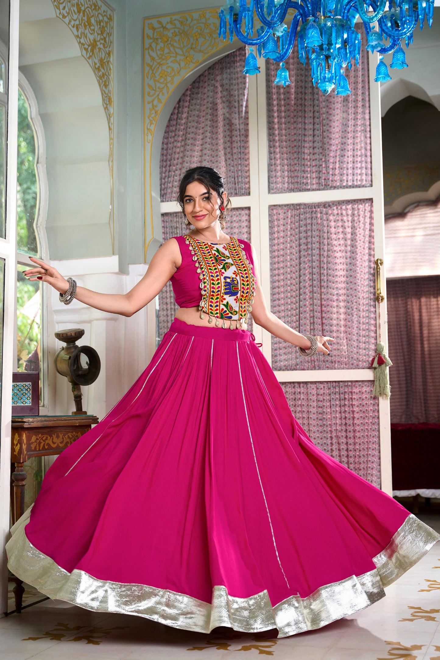 Wine, Pink, Black & Parrot Colored Lehenga Choli Set