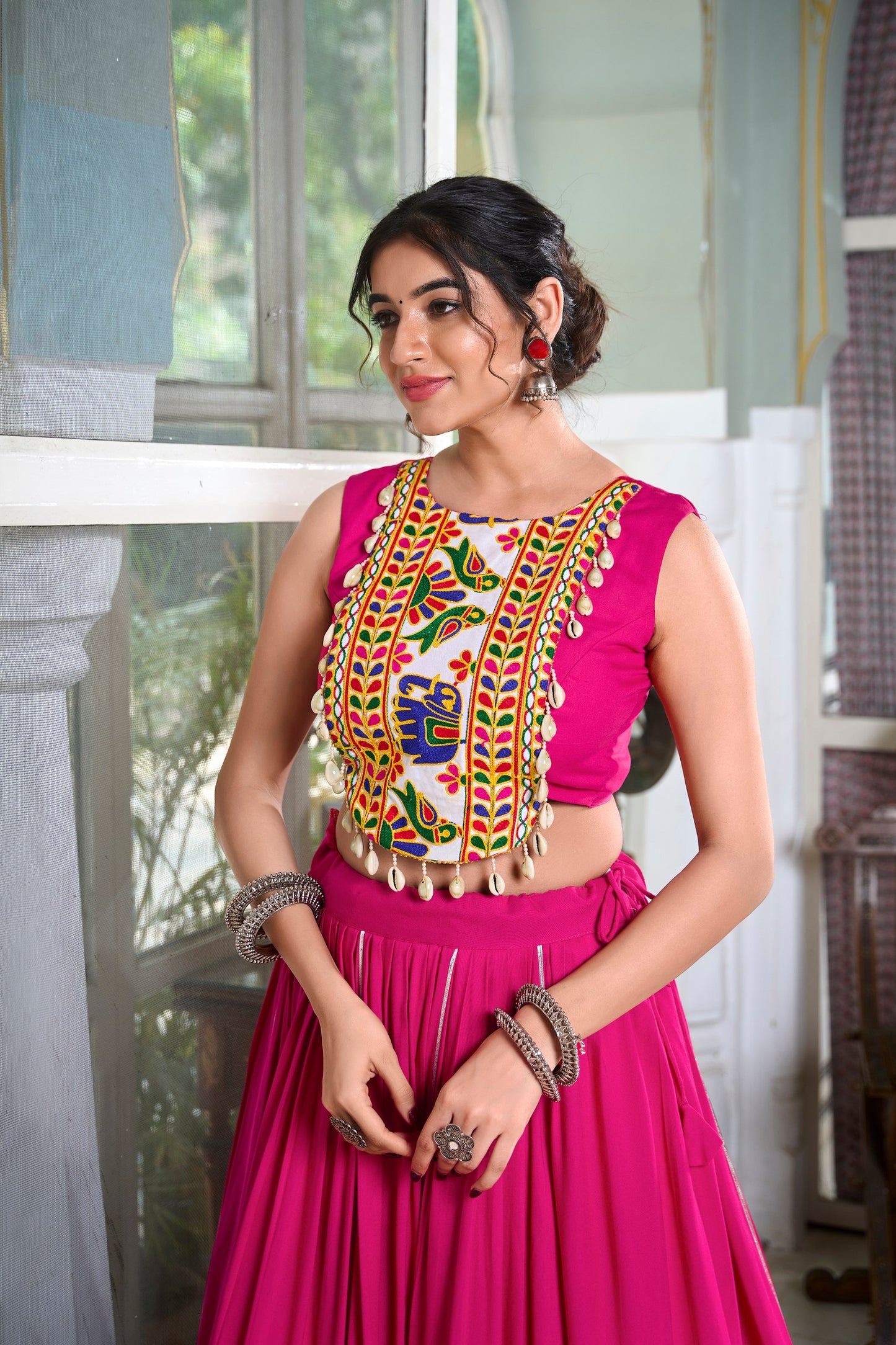 Wine, Pink, Black & Parrot Colored Lehenga Choli Set