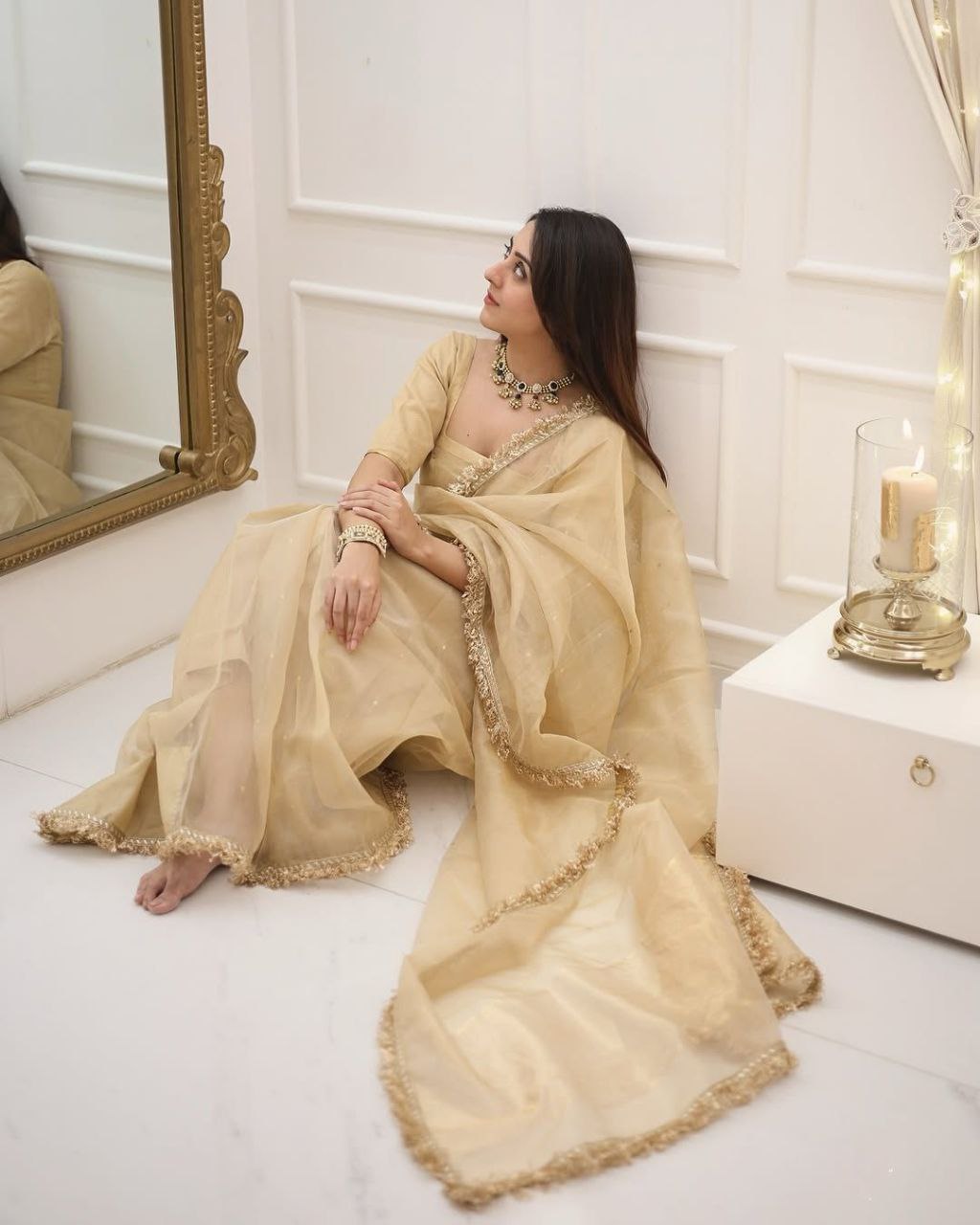Beige Gold Fendy Silk With Far Border Saree