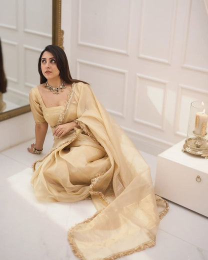 Beige Gold Fendy Silk With Far Border Saree