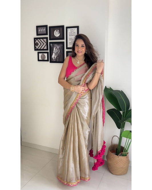 Luxurious Jimichu Tissue Saree with Sequence & Thread Butta Work Lace