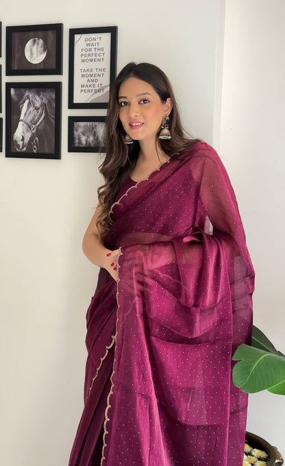 Premium Jimichu Burburry Saree with Zarcan Stone And Cut Work Border