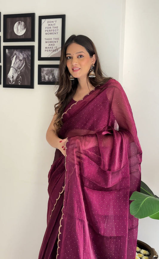 Premium Jimichu Burburry Saree with Zarcan Stone And Cut Work Border