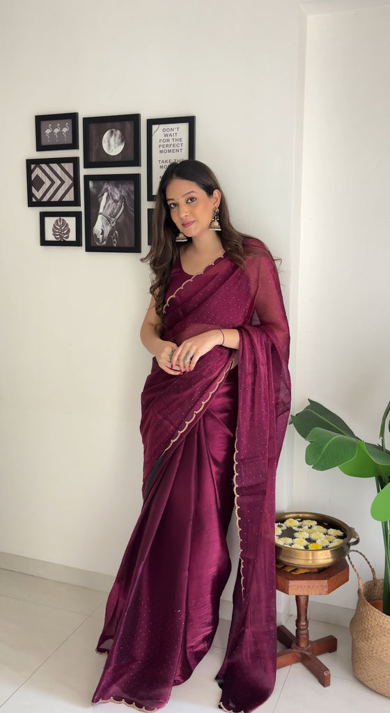 Premium Jimichu Burburry Saree with Zarcan Stone And Cut Work Border