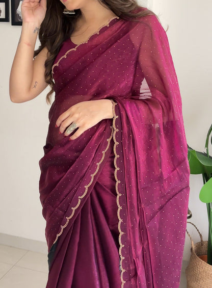 Premium Jimichu Burburry Saree with Zarcan Stone And Cut Work Border