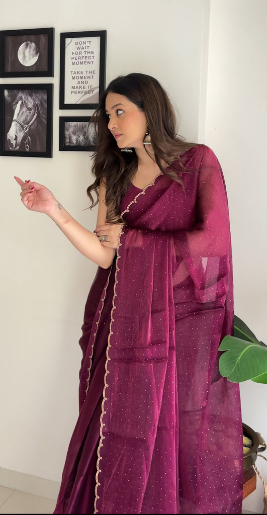 Premium Jimichu Burburry Saree with Zarcan Stone And Cut Work Border