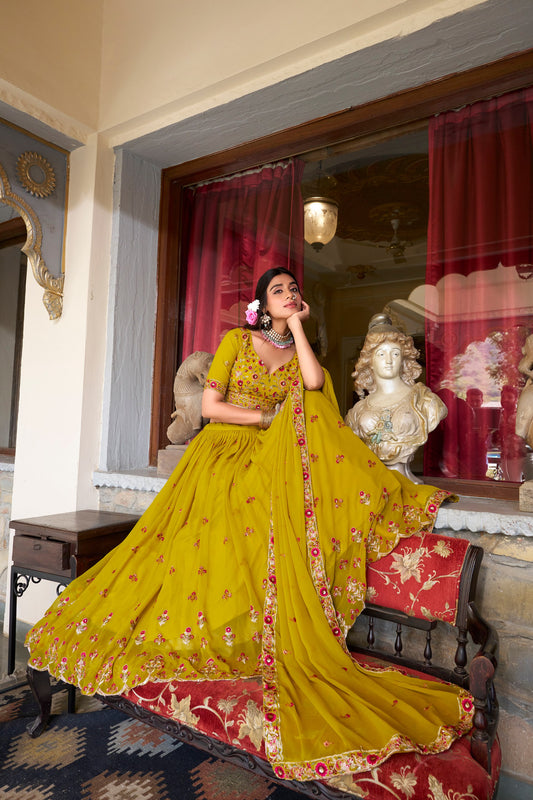 Beautiful Mustard Golden Thread Embroidered Georgette Haldi Wear Lehenga Choli