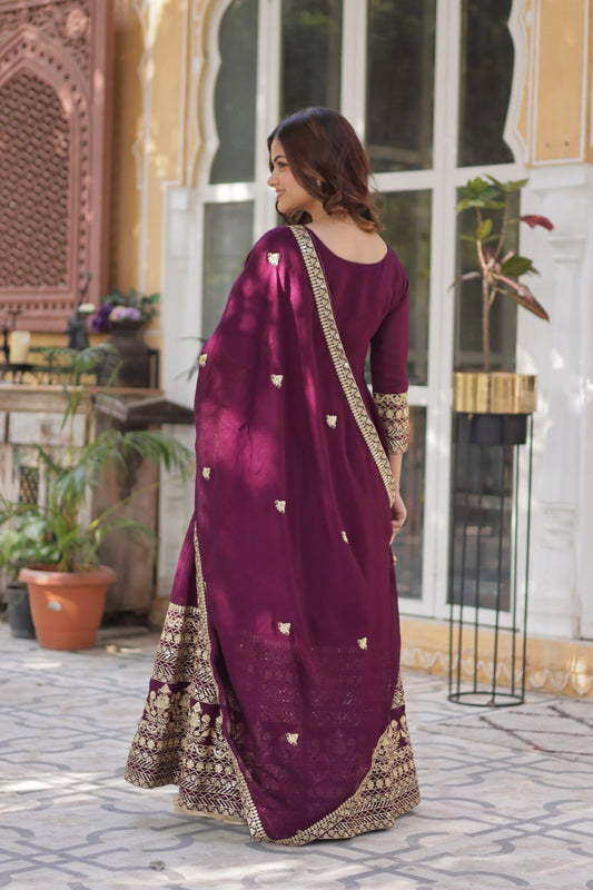 Royal Wine Shimmer Vichitra Gown with Exquisite Sequins Embroidery