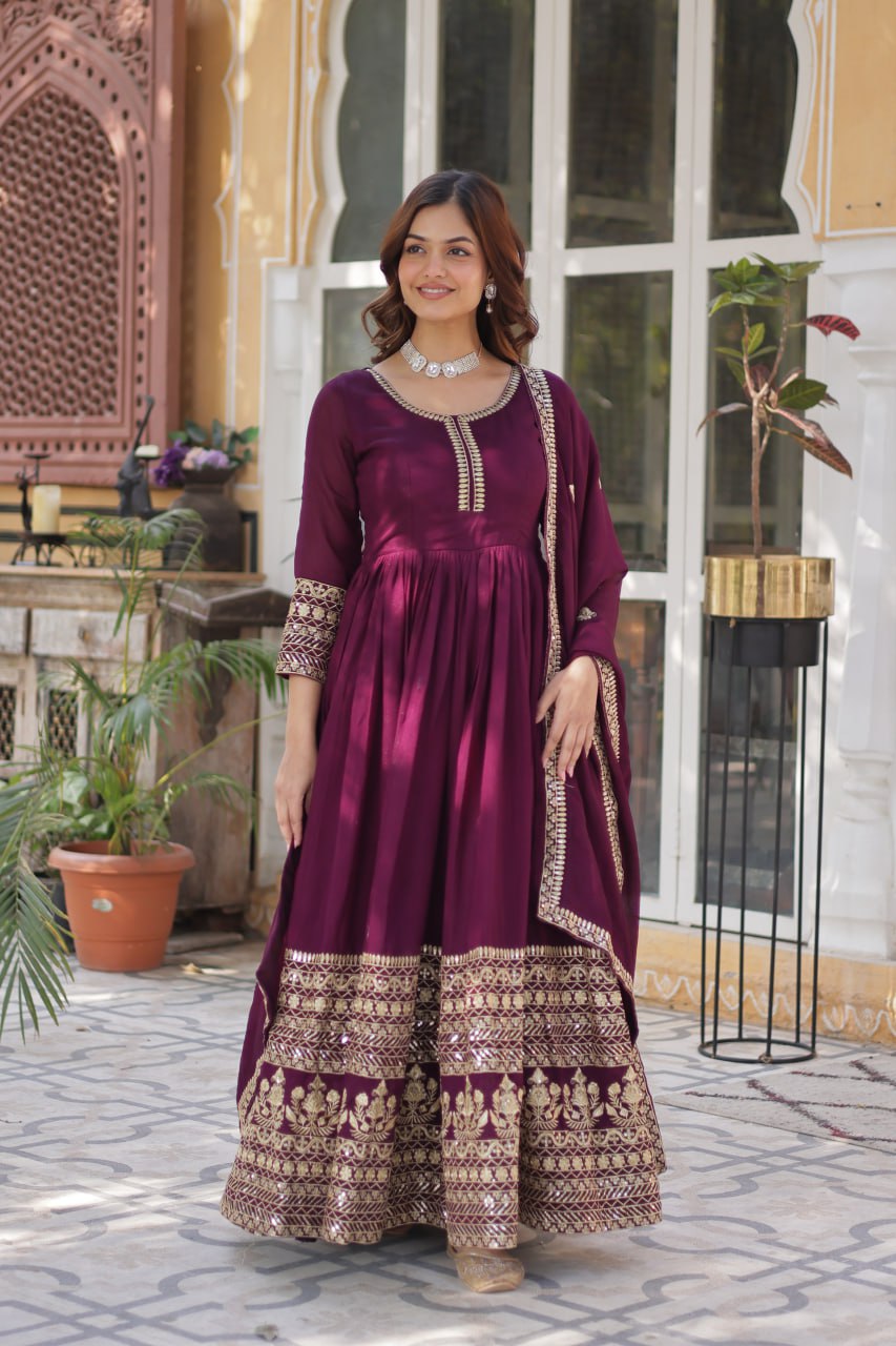 Royal Wine Shimmer Vichitra Gown with Exquisite Sequins Embroidery