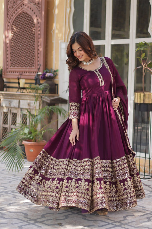 Royal Wine Shimmer Vichitra Gown with Exquisite Sequins Embroidery