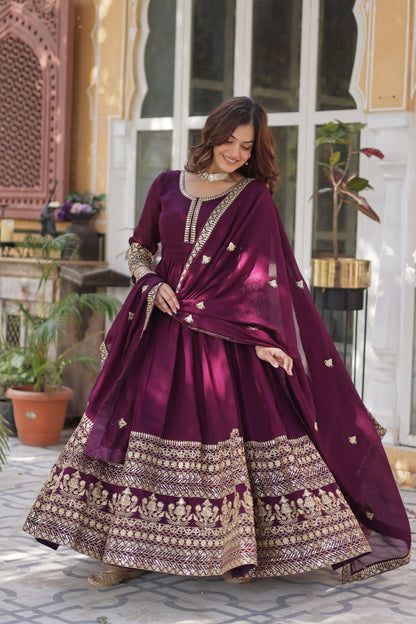 Royal Wine Shimmer Vichitra Gown with Exquisite Sequins Embroidery