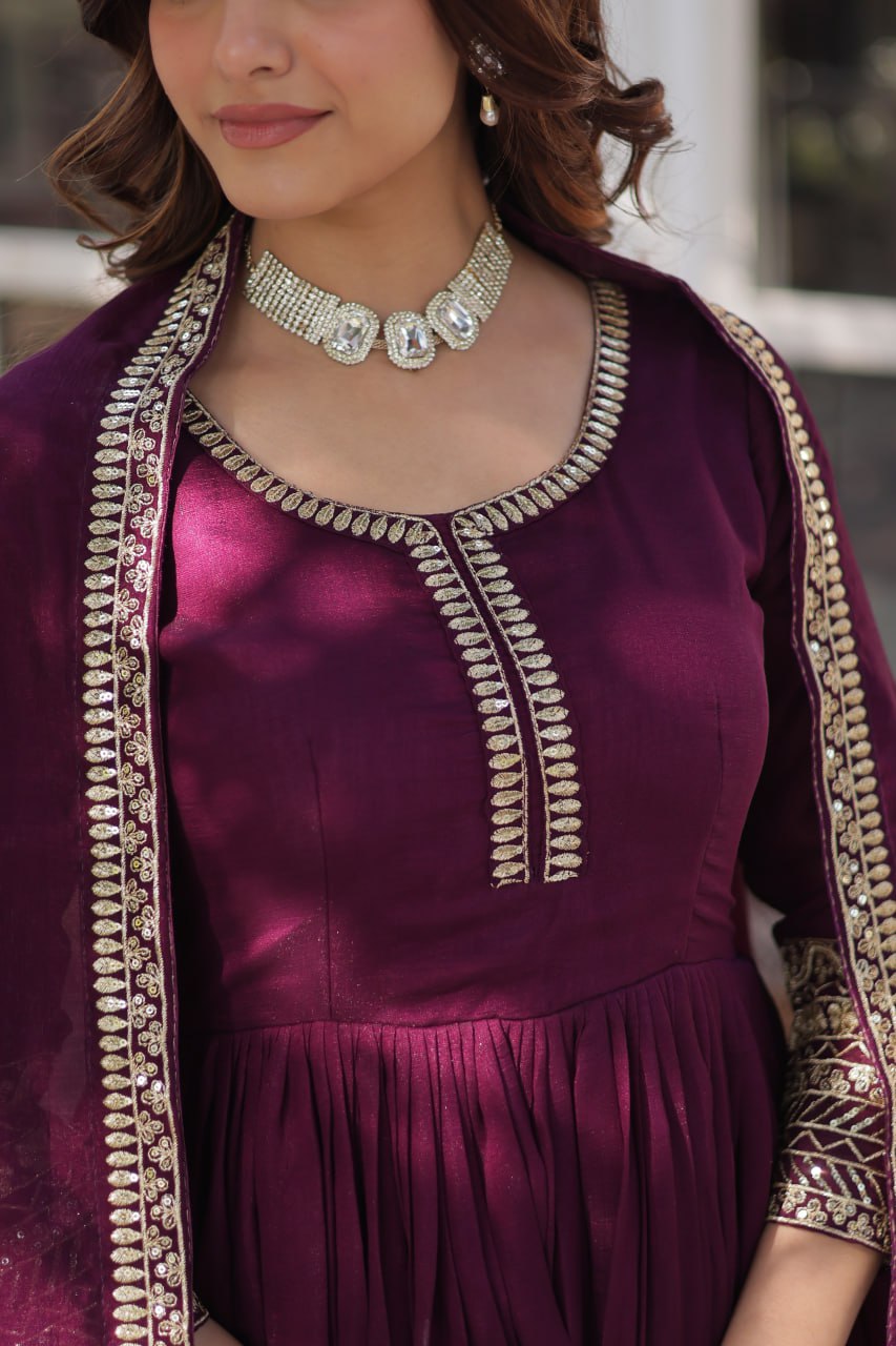 Royal Wine Shimmer Vichitra Gown with Exquisite Sequins Embroidery